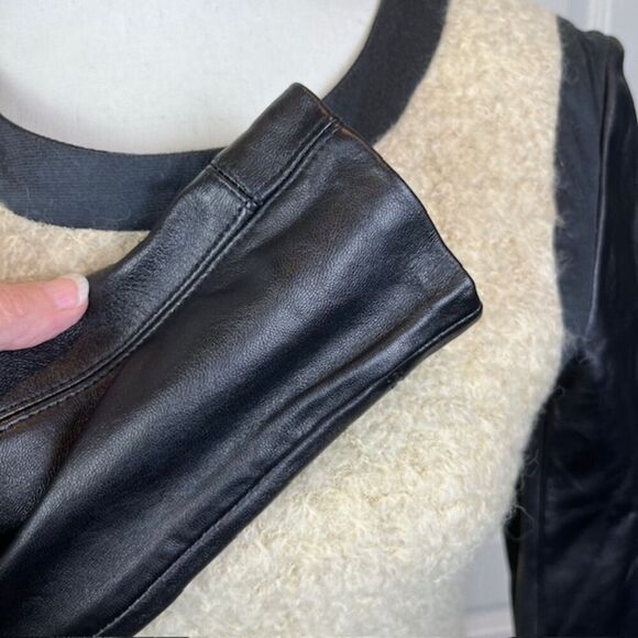 Mixed Material Mini Dress Ghloe Faux Leather, Wool, and Feathers Zip Back Size 4 - Picture 3 of 15